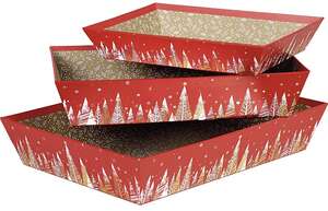 Imagen del producto Cesta de cartón rectangular con estampado en caliente en rojo, blanco y dorado, con decoración de Felices Fiestas.