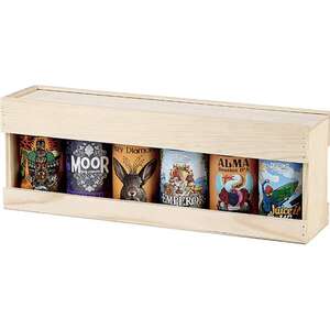 Imagen del producto Caja de madera de pino para 6 latas de 33 cl con mecanismo deslizante