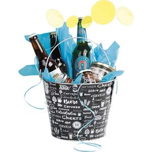 Imagen del producto Cubo de metal blanco y negro con decoración de cerveza