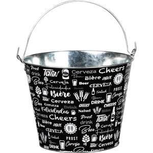 Imagen del producto Cubo de metal blanco y negro con decoración de cerveza