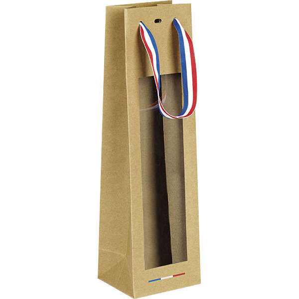 Imagen del producto Bolsa de kraft para 1 botella con cinta azul, blanca y roja