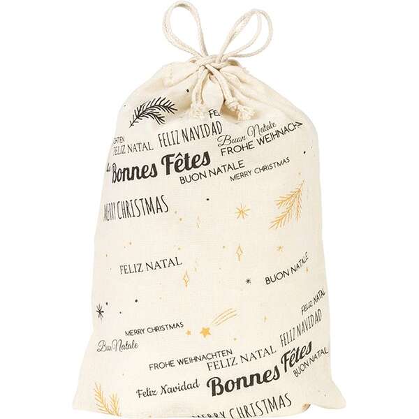 Imagen del producto Saquito de algodón natural Felices fiestas gris y dorado