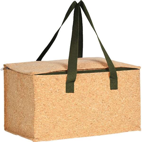 Imagen del producto Bolsa isotérmica rectangular de corcho con 2 asas verdes 