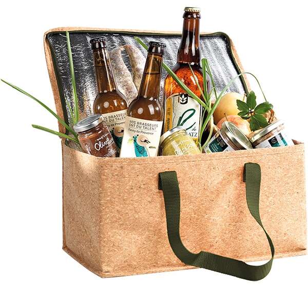 Imagen del producto Bolsa isotérmica rectangular de corcho con 2 asas verdes 