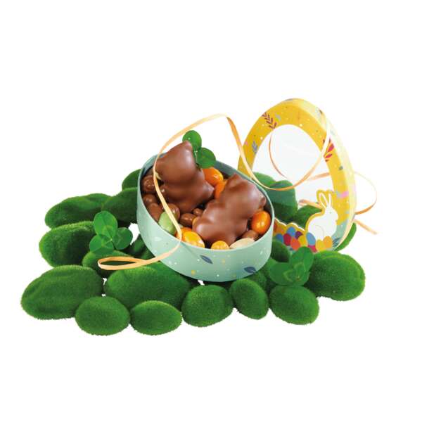 Imagen del producto Caja de cartón con forma de huevo para una búsqueda de dulces.