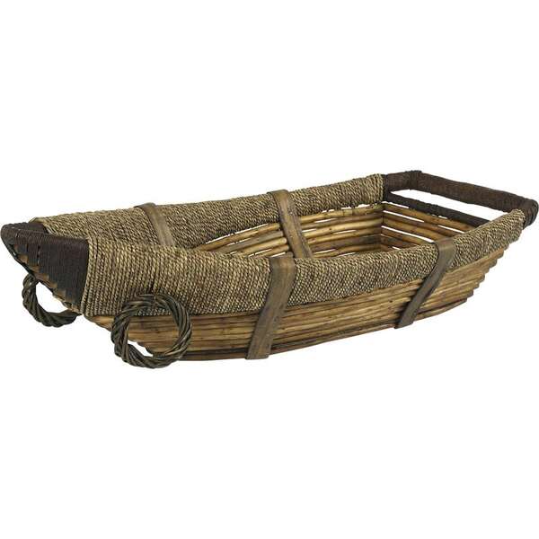 Imagen del producto Cesta con forma de barco, hecha de mimbre teñido, cuerda y madera.