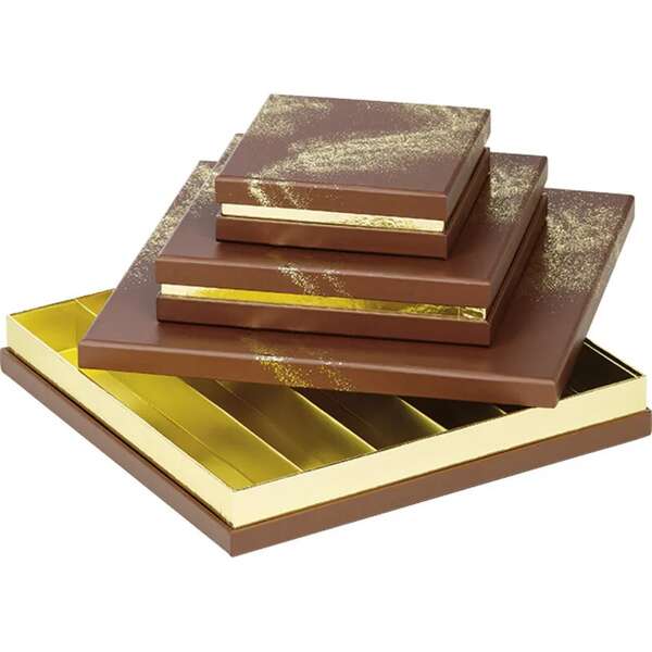 Imagen del producto Caja cuadrada de cartón para bombones, de 3, 4 o 6 filas, color marrón POUDRE D'OR.