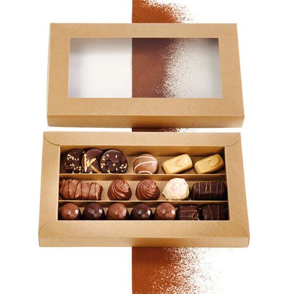 Imagen del producto Caja rectangular de cartón para bombones, de 3, 4 o 5 filas, de papel Kraft.