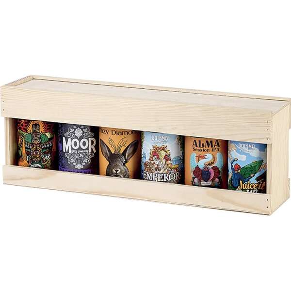 Imagen del producto Caja de madera de pino para 6 latas de 33 cl con mecanismo deslizante