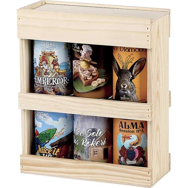 Imagen del producto Caja de madera de pino para 6 latas de 33 cl con mecanismo deslizante