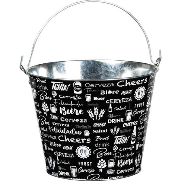 Imagen del producto Cubo de metal blanco y negro con decoración de cerveza