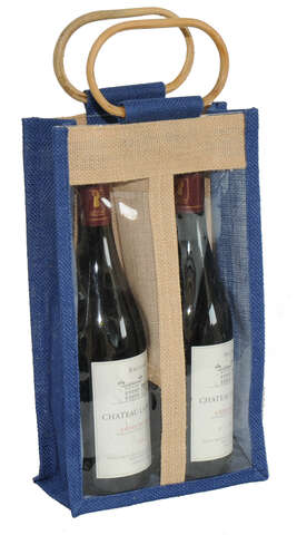Bolsa de yute azul para 2 botellas de 75cl con ventana : Embalajes para botellas y productos gastronomicos