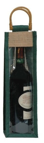 Bolsa de yute natural + verde para 1 botellas de 75cl + ventana : Embalajes para botellas y productos gastronomicos